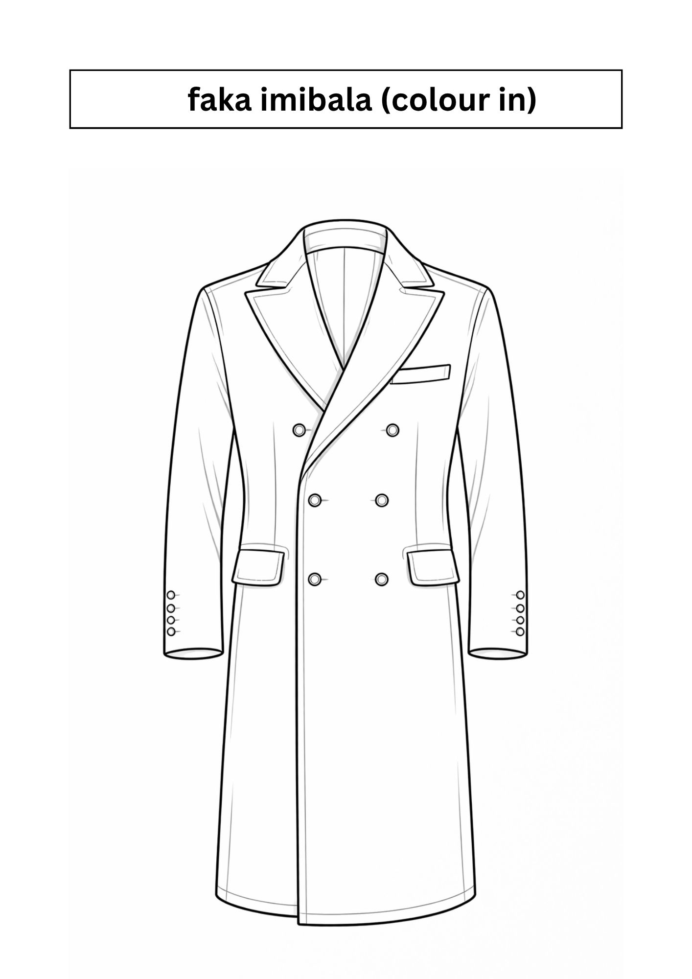 Colour the coat — interior page from the Iimpahla Zokunxiba clothing workbook