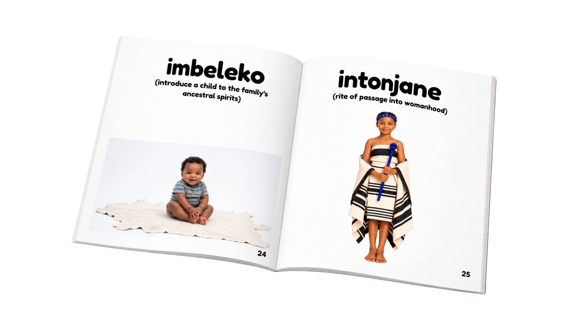 Open book mockup showing the imbeleko and intonjane pages from My First Book of Xhosa Culture