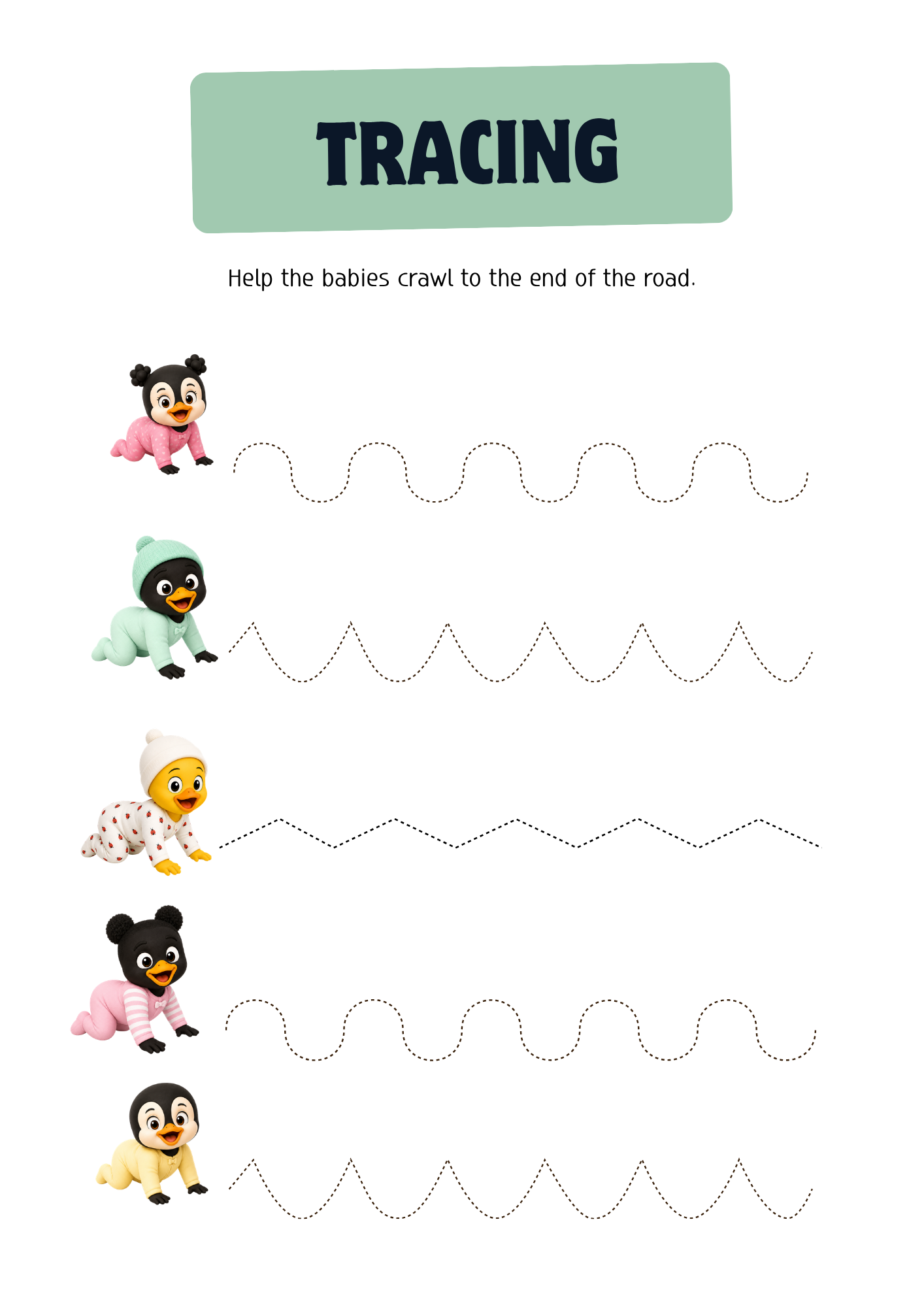 Tracing with little Penglins — interior page from the English Alphabet Workbook