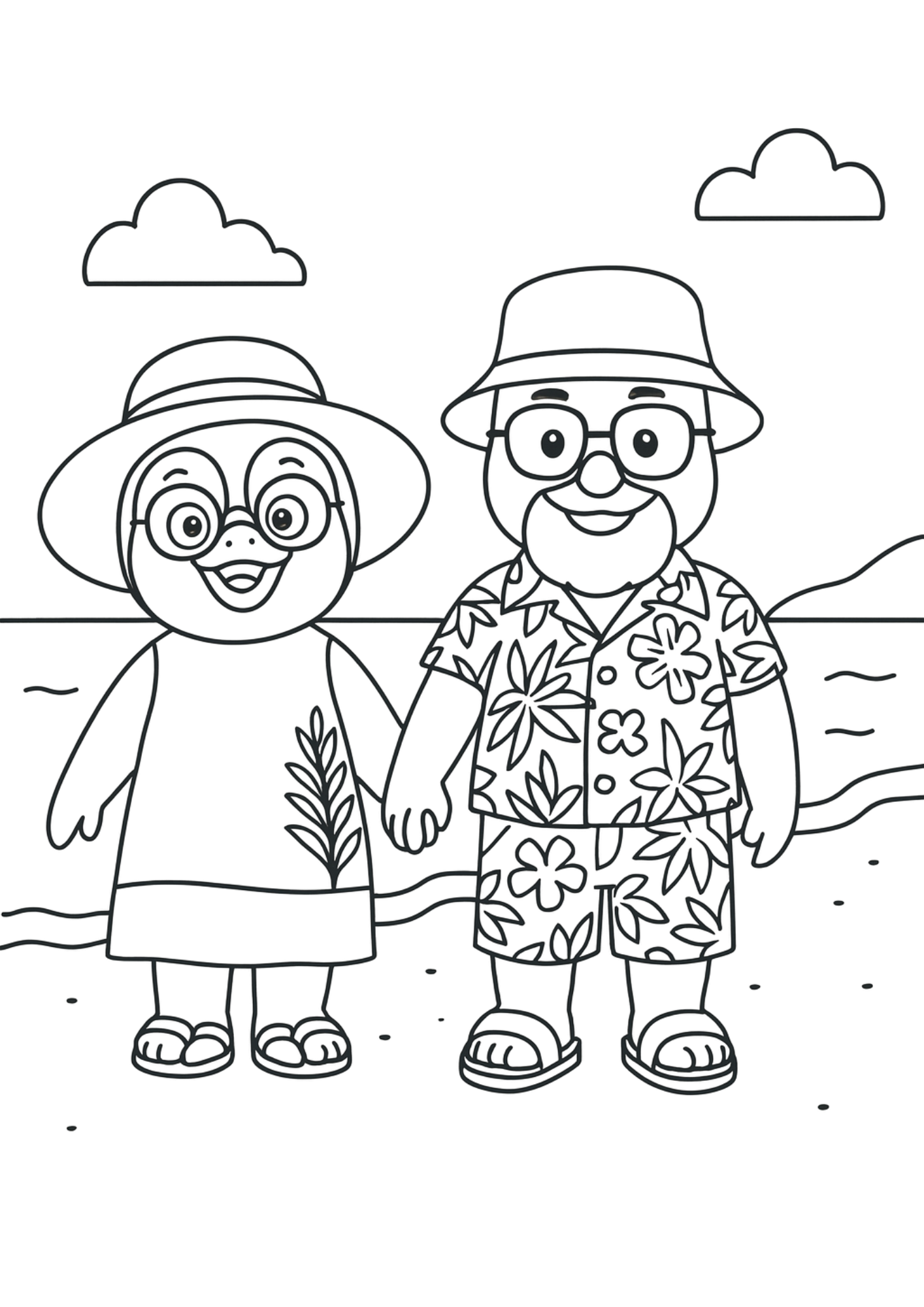 Grandparents at the seaside — interior colouring page from Iholide ka Anda Enkulu