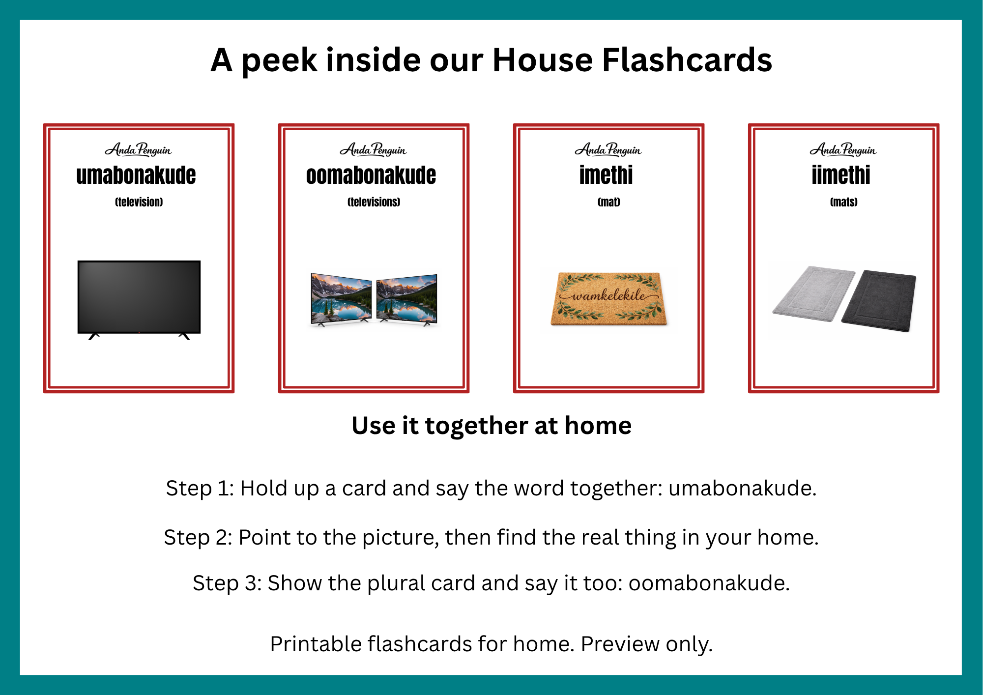 A peek inside our House Flashcards: isiXhosa words for television and mat, with singular and plural cards and steps for learning together at home.