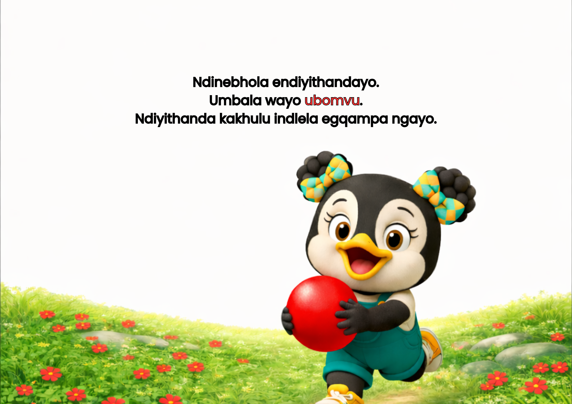 Anda holding her red ball, with isiXhosa story text