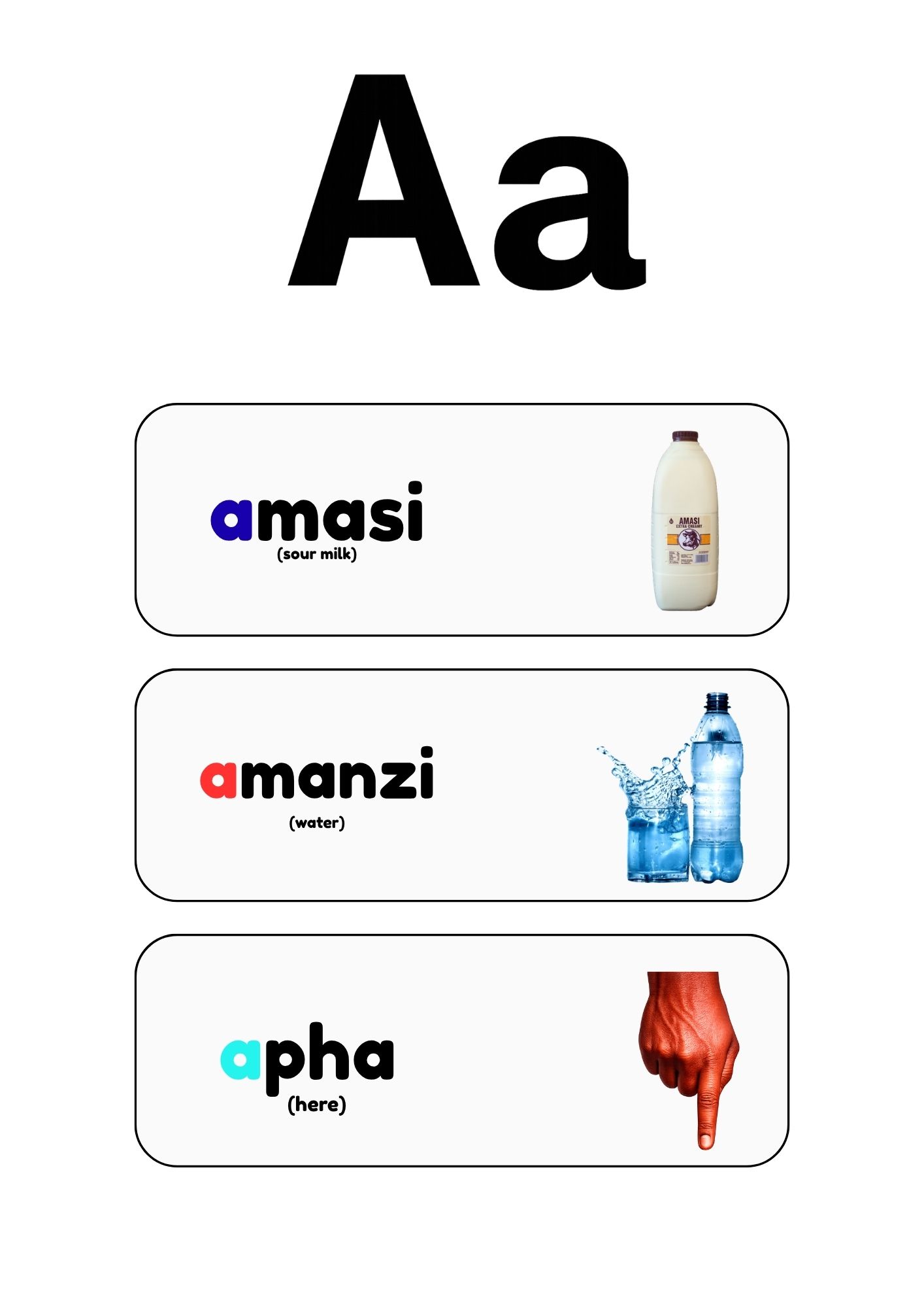 Learn words with A — interior page from the Oonobumba isiXhosa Alphabet Workbook