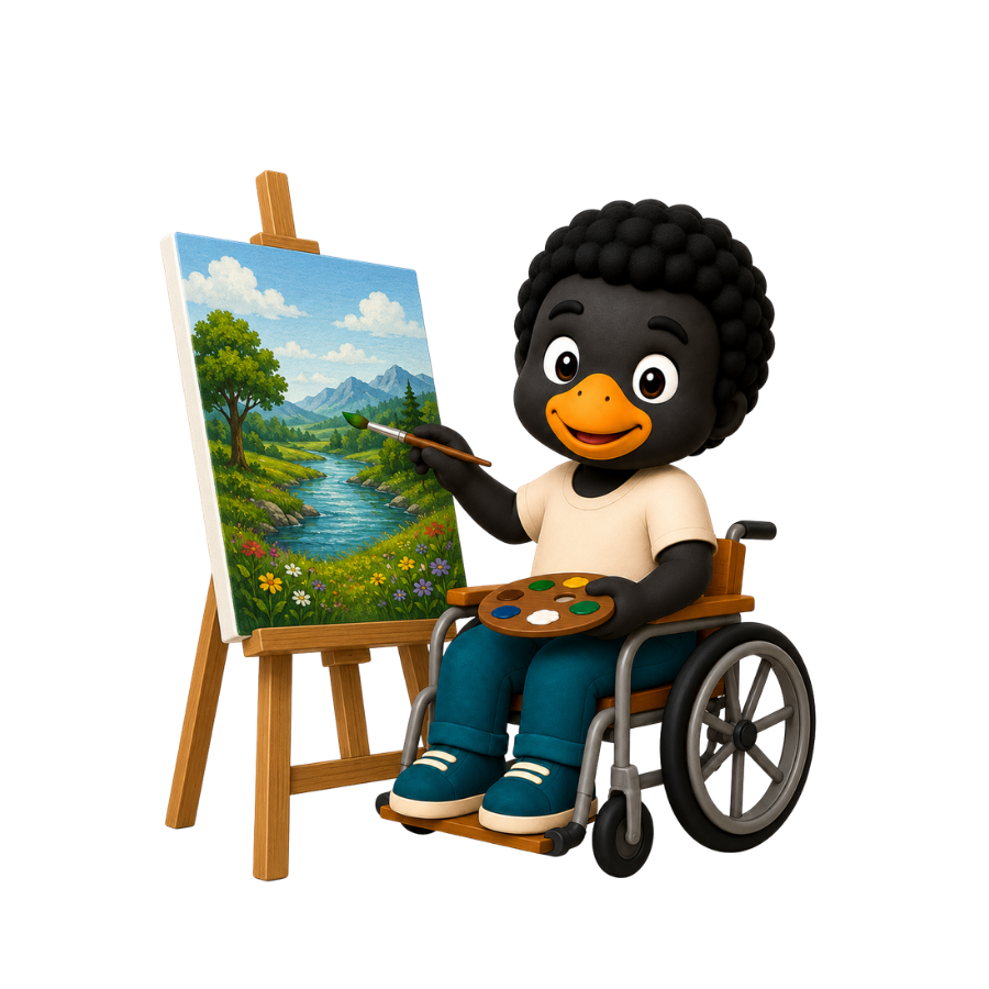 Kwanele painting a colourful landscape
