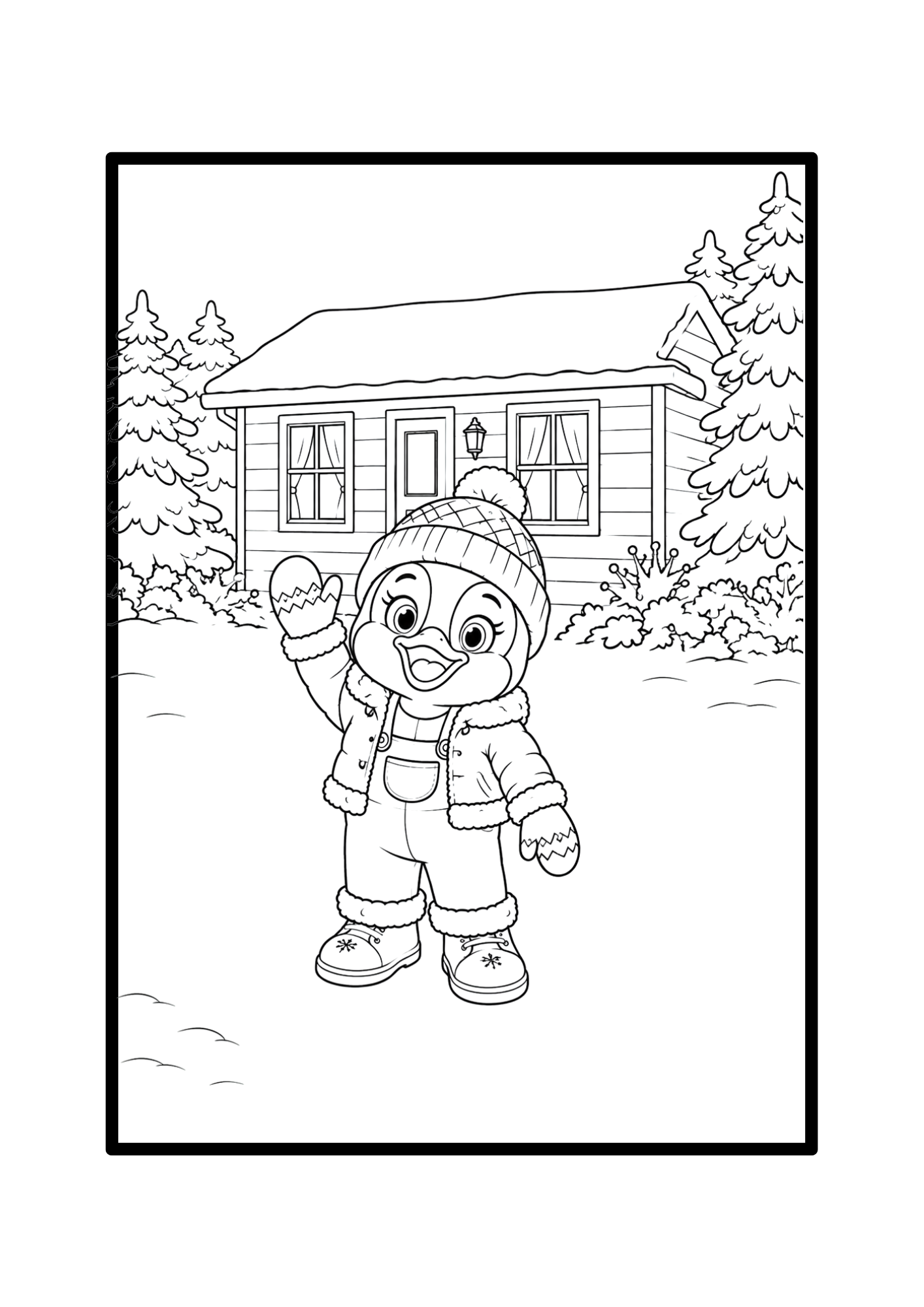A snowy welcome — interior colouring page from Snowy Days with the Penguins