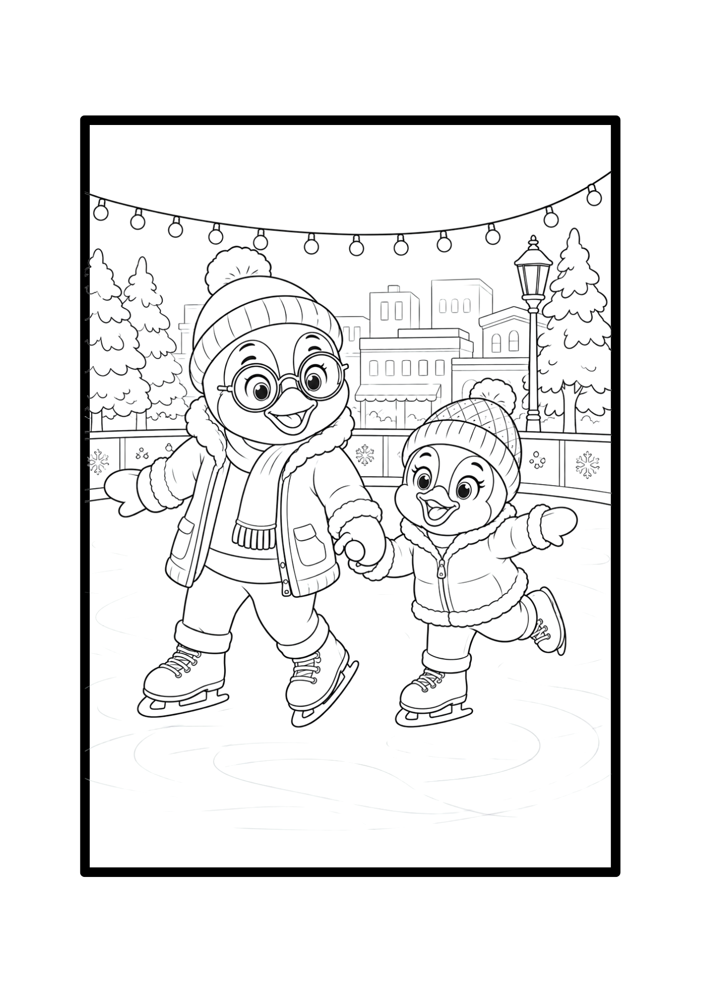Ice skating together — interior colouring page from Snowy Days with the Penguins