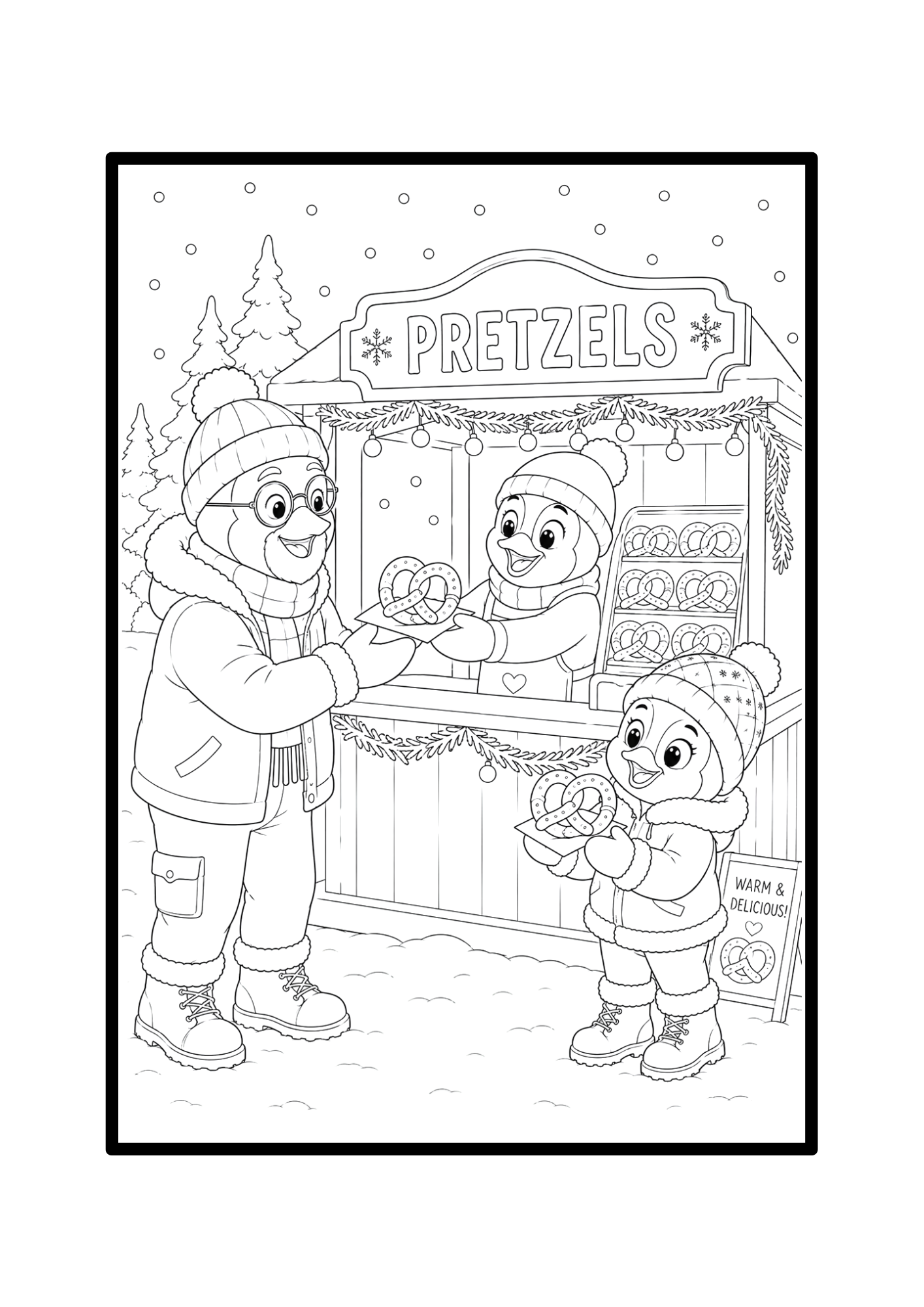 Warm pretzels — interior colouring page from Snowy Days with the Penguins