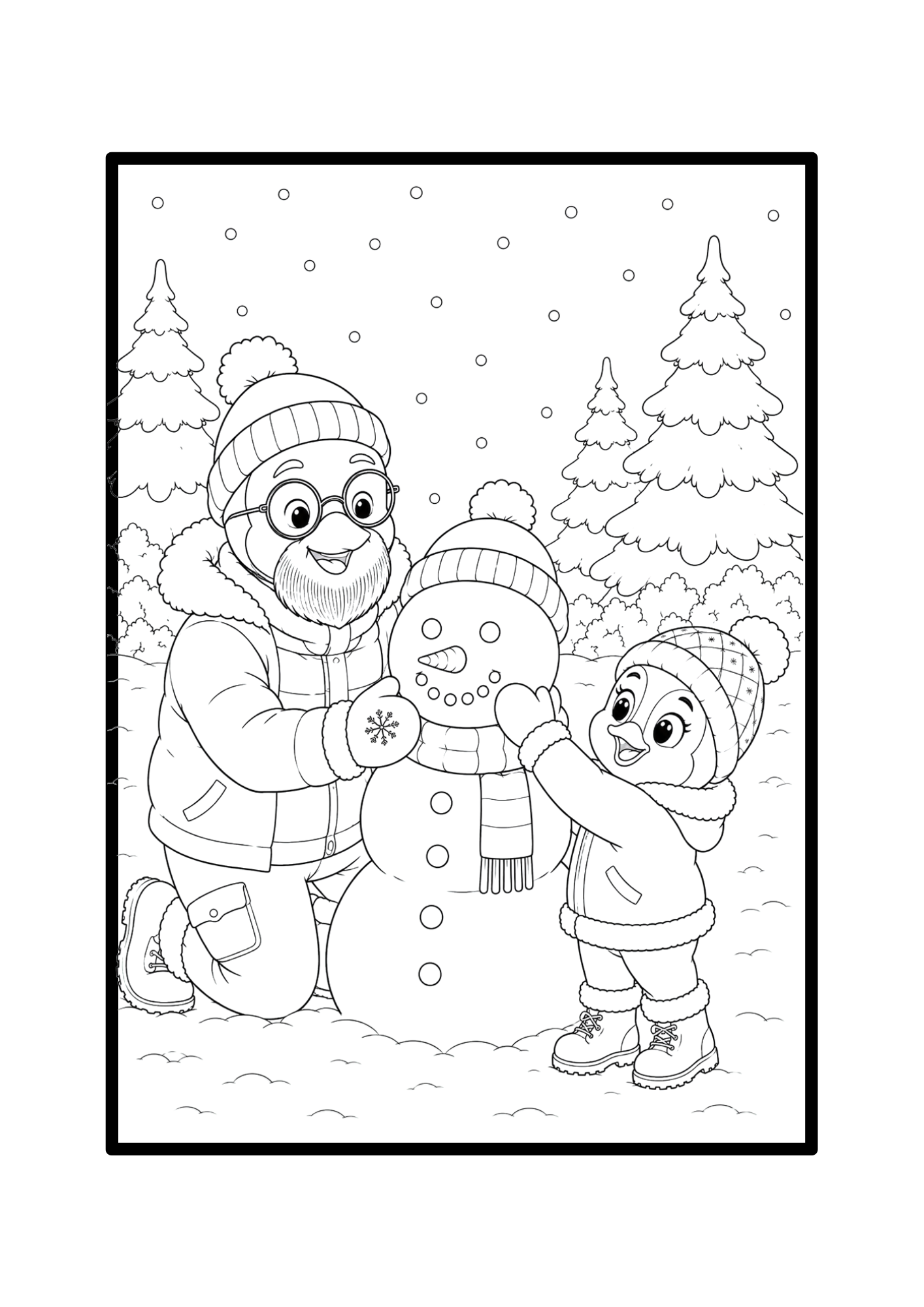 Building a snowman — interior colouring page from Snowy Days with the Penguins