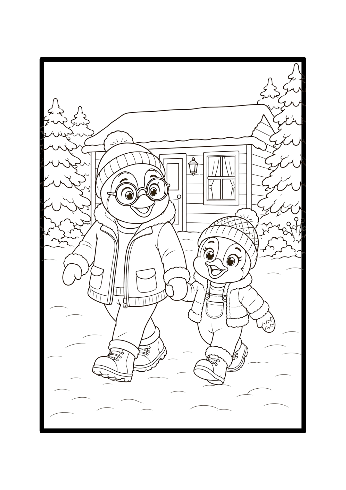 A winter walk — interior colouring page from Snowy Days with the Penguins