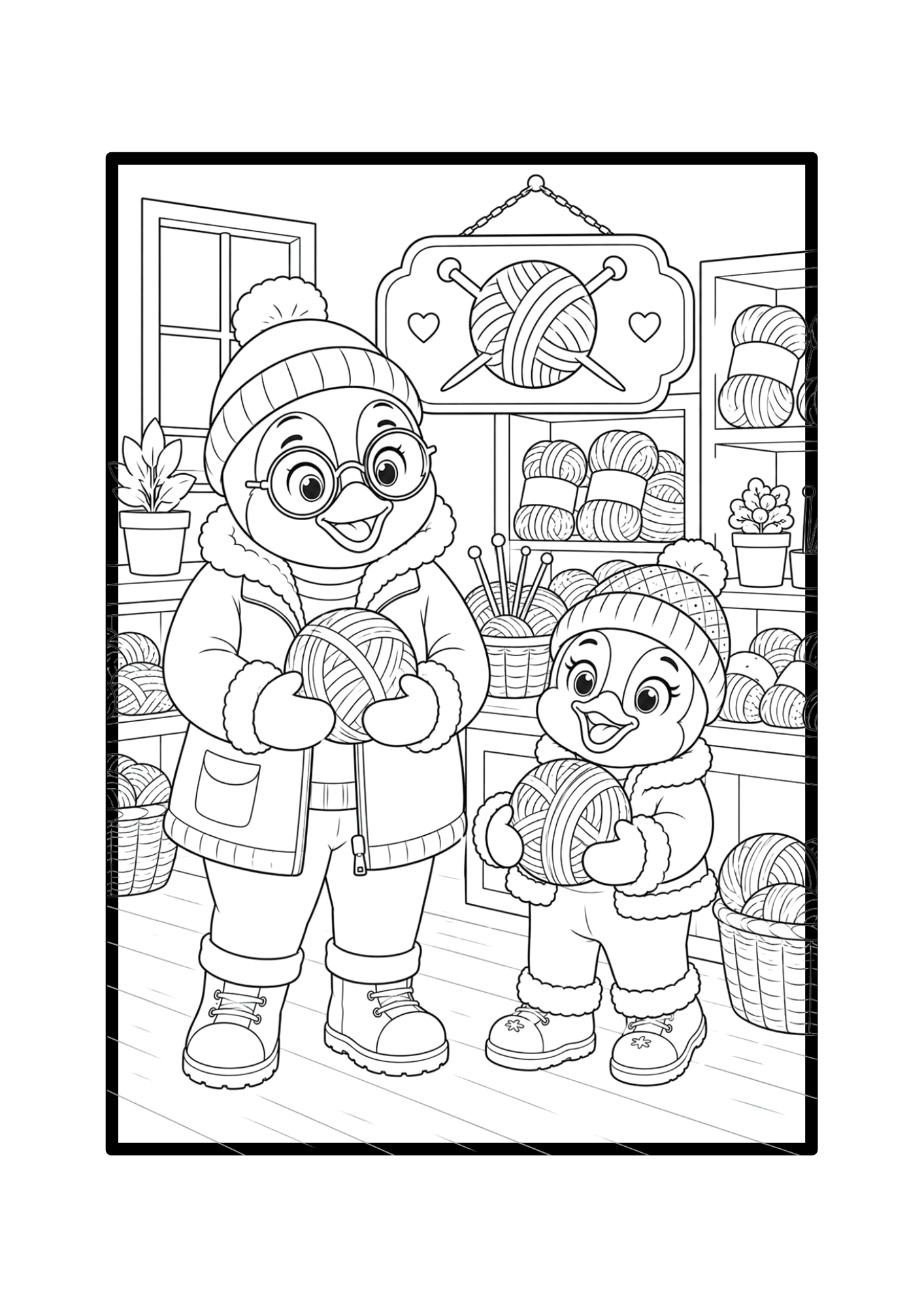 At the wool shop — interior colouring page from Snowy Days with the Penguins